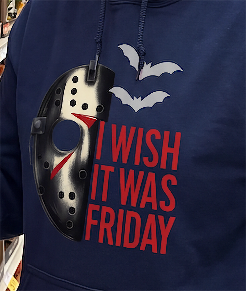 Close-up of navy Jason Voorhees horror hoodie with hockey mask design