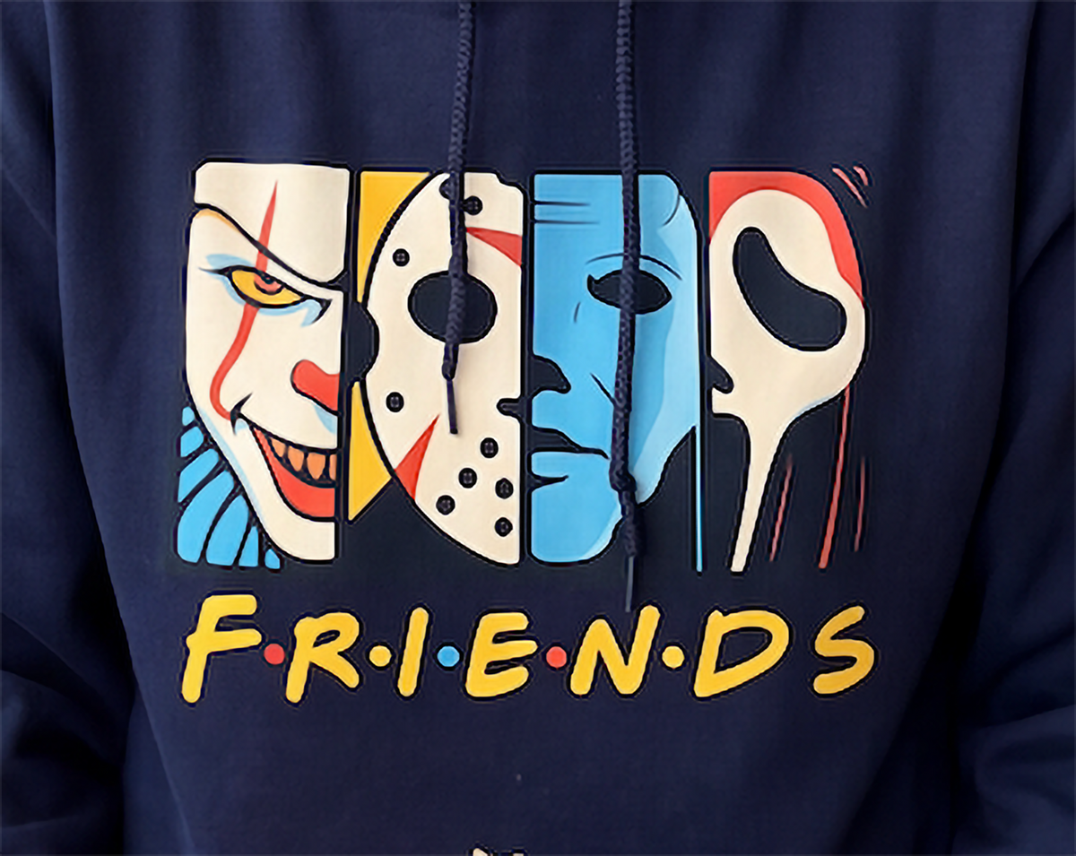 Close-up of colorful Horror Friends slasher character design printed on navy hoodie.