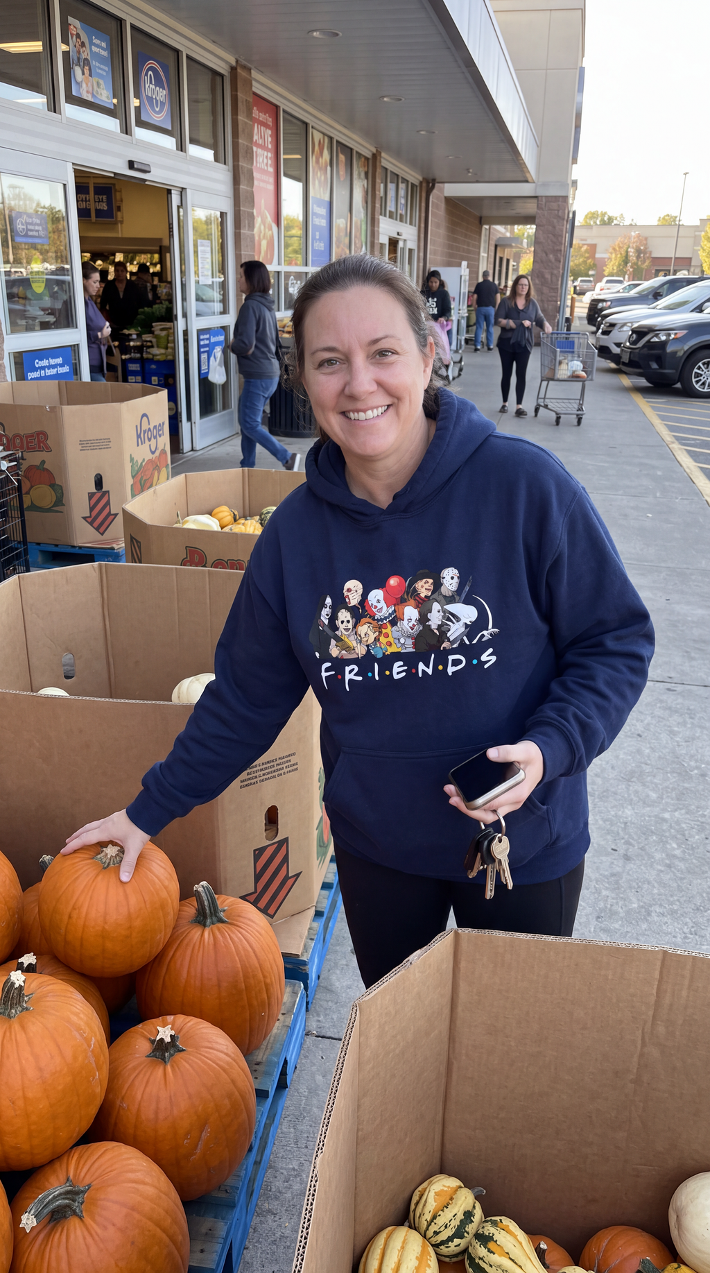 Woman wearing navy Horror Friends hoodie for Halloween and spooky season