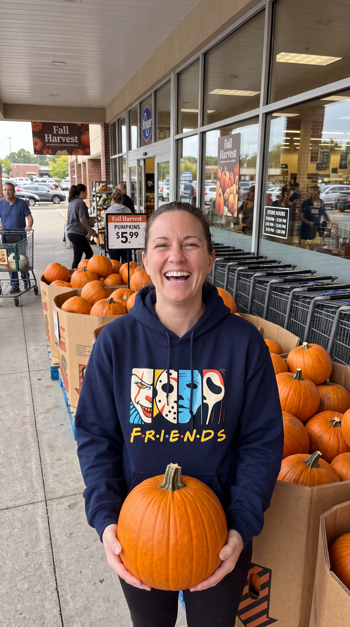 Woman wearing navy Horror Friends Halloween hoodie with colorful slasher character design.