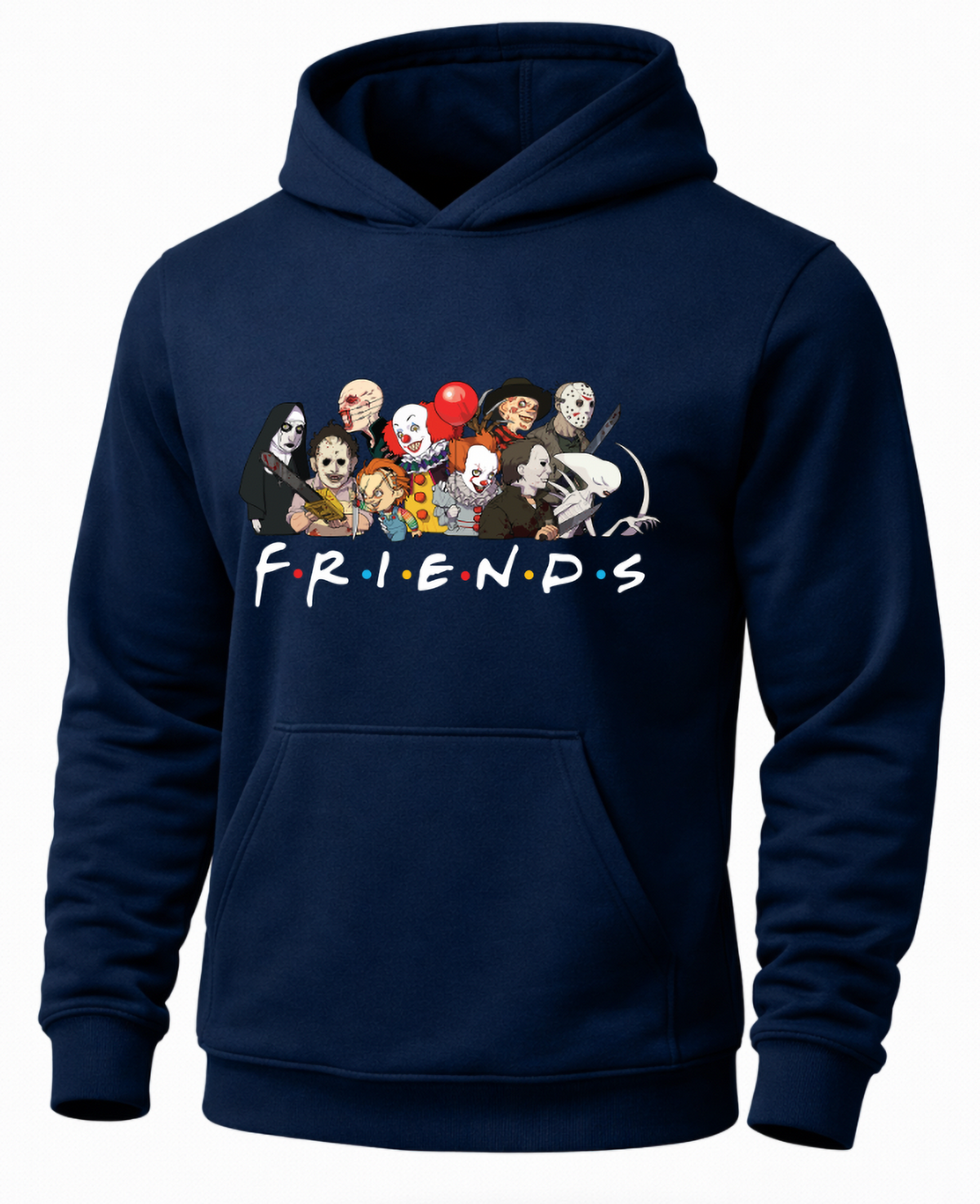 Navy Horror Friends hoodie with colorful scary movie character design