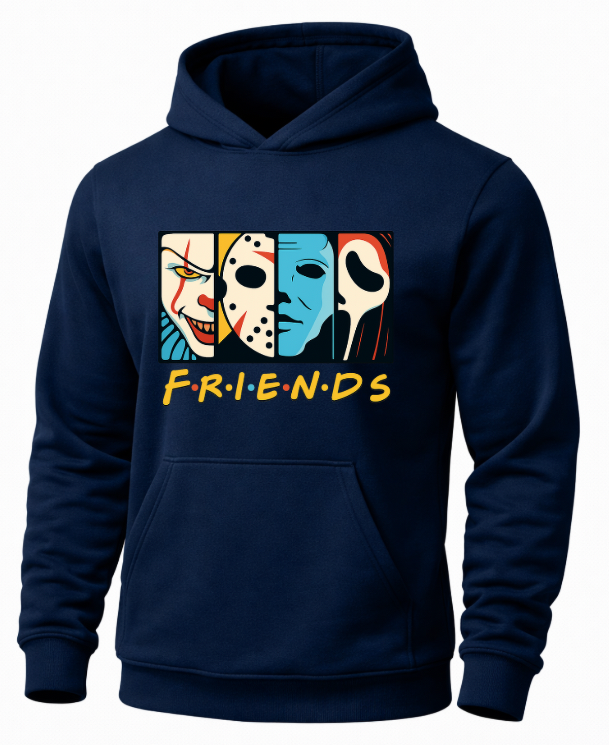 Navy Horror Friends hoodie featuring colorful horror movie character graphic.