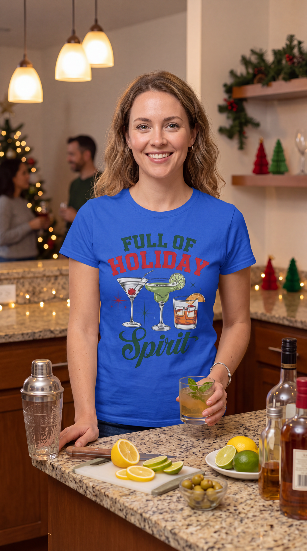Woman wearing blue Full of Holiday Spirit Christmas cocktail shirt at a festive holiday gathering.
