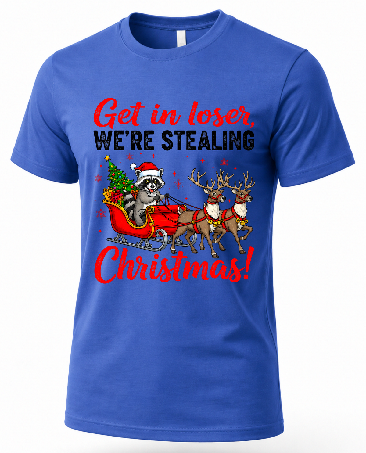 Blue Christmas graphic tee featuring the funny raccoon stealing Santa’s sleigh design.