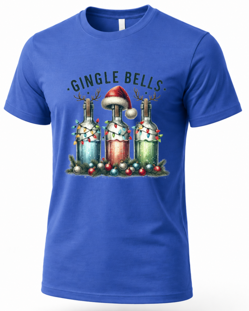 Blue Christmas shirt featuring Gingle Bells festive liquor bottle design