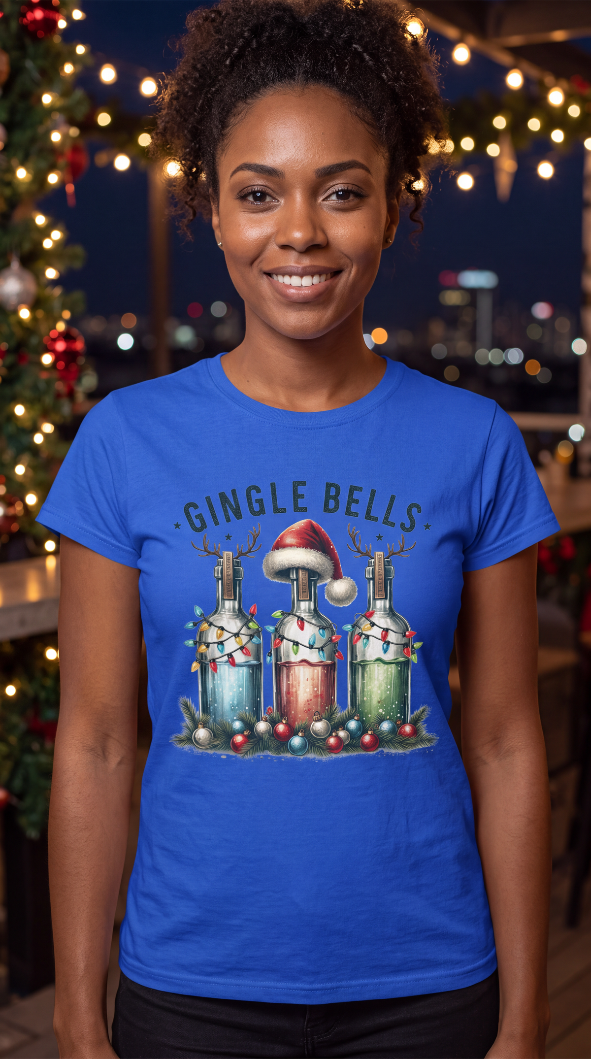 Woman wearing blue Gingle Bells funny Christmas drinking graphic shirt