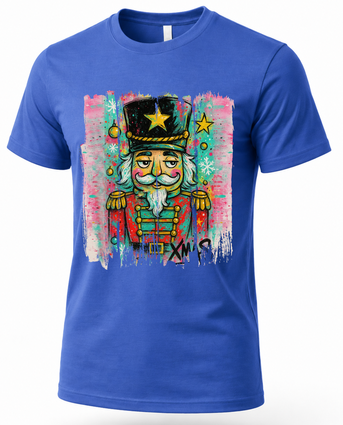 Blue Christmas shirt featuring colorful graffiti style nutcracker design