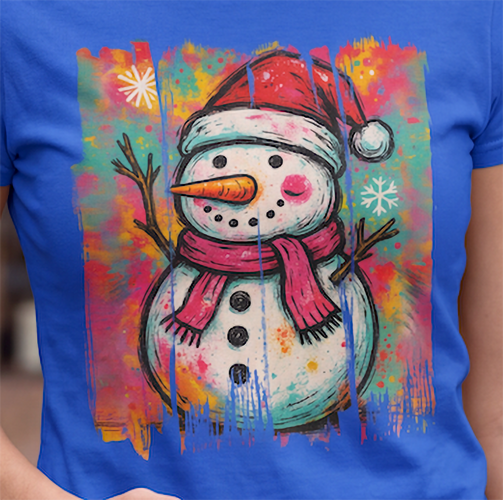 Close-up of colorful graffiti snowman Christmas design on blue shirt.