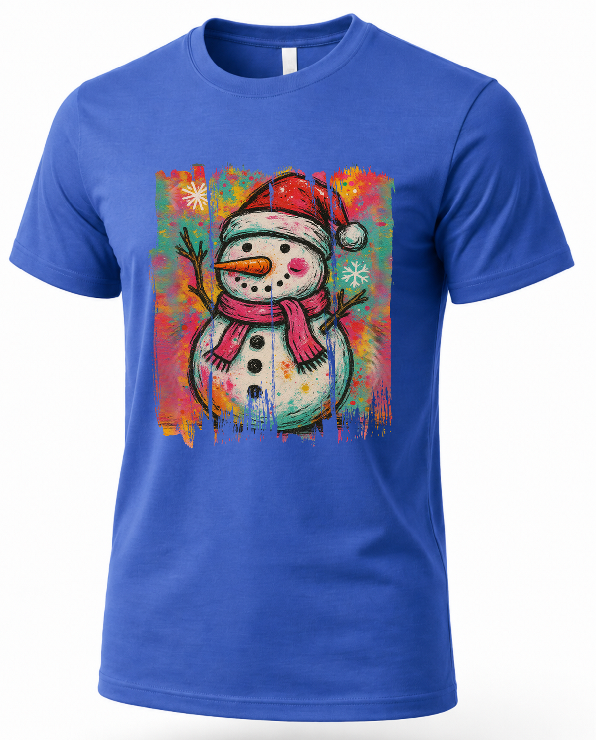 Blue Graffiti Snowman Christmas graphic T-shirt product mockup.