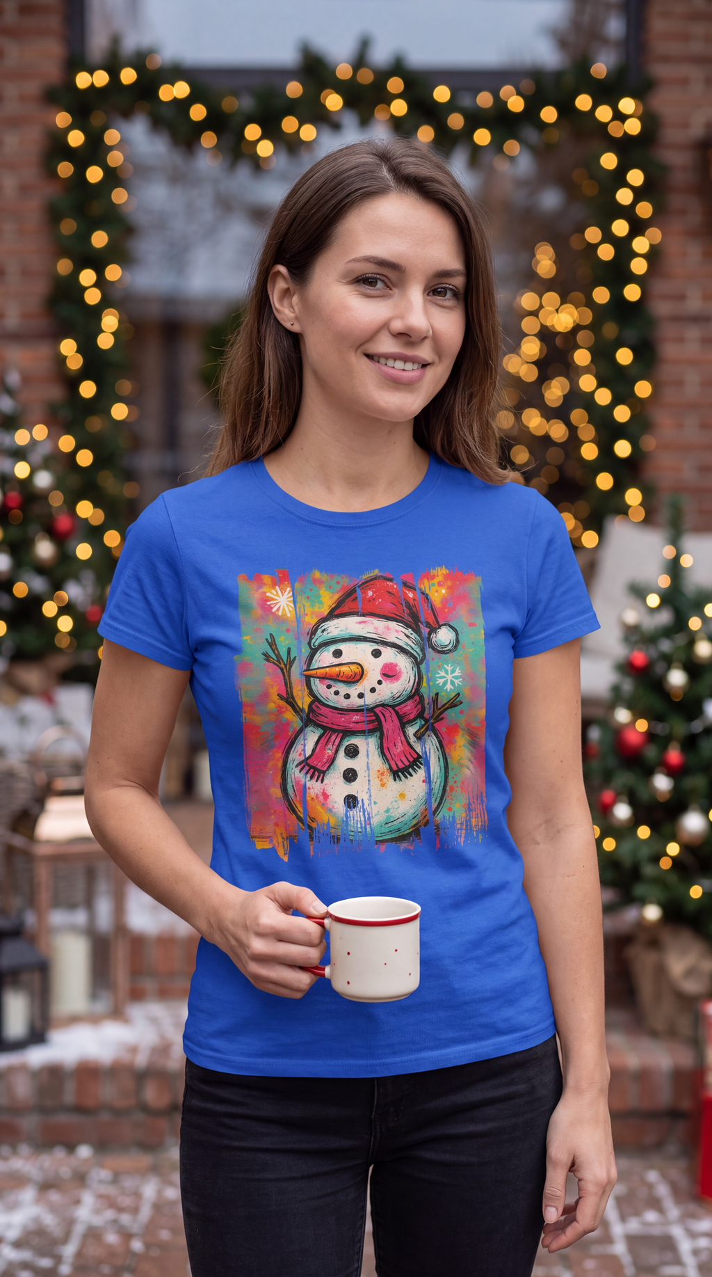 Man wearing blue Graffiti Snowman Christmas graphic T-shirt.