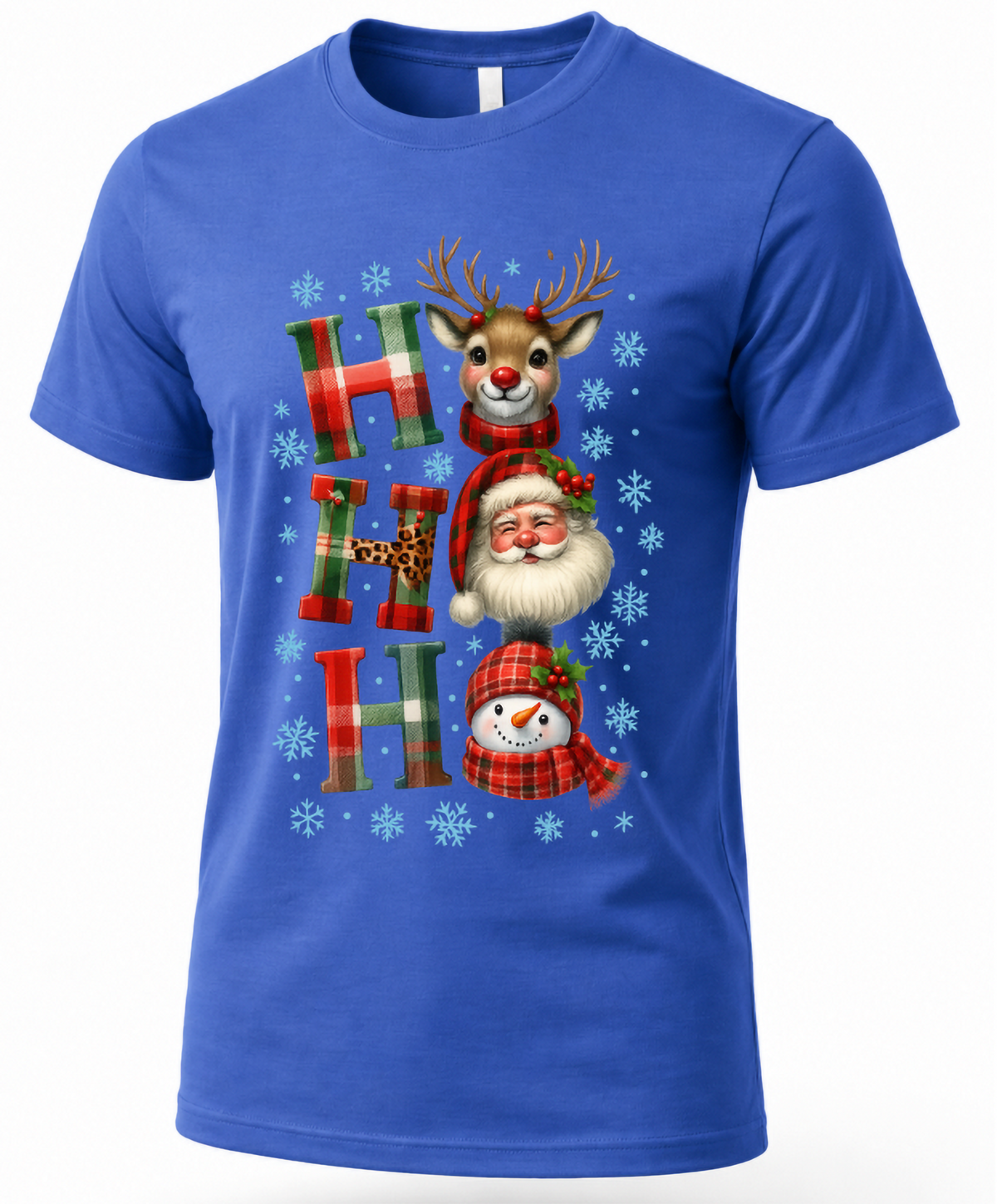 Blue unisex Christmas graphic t-shirt featuring Santa, reindeer, snowman and colorful plaid Ho Ho Ho lettering.