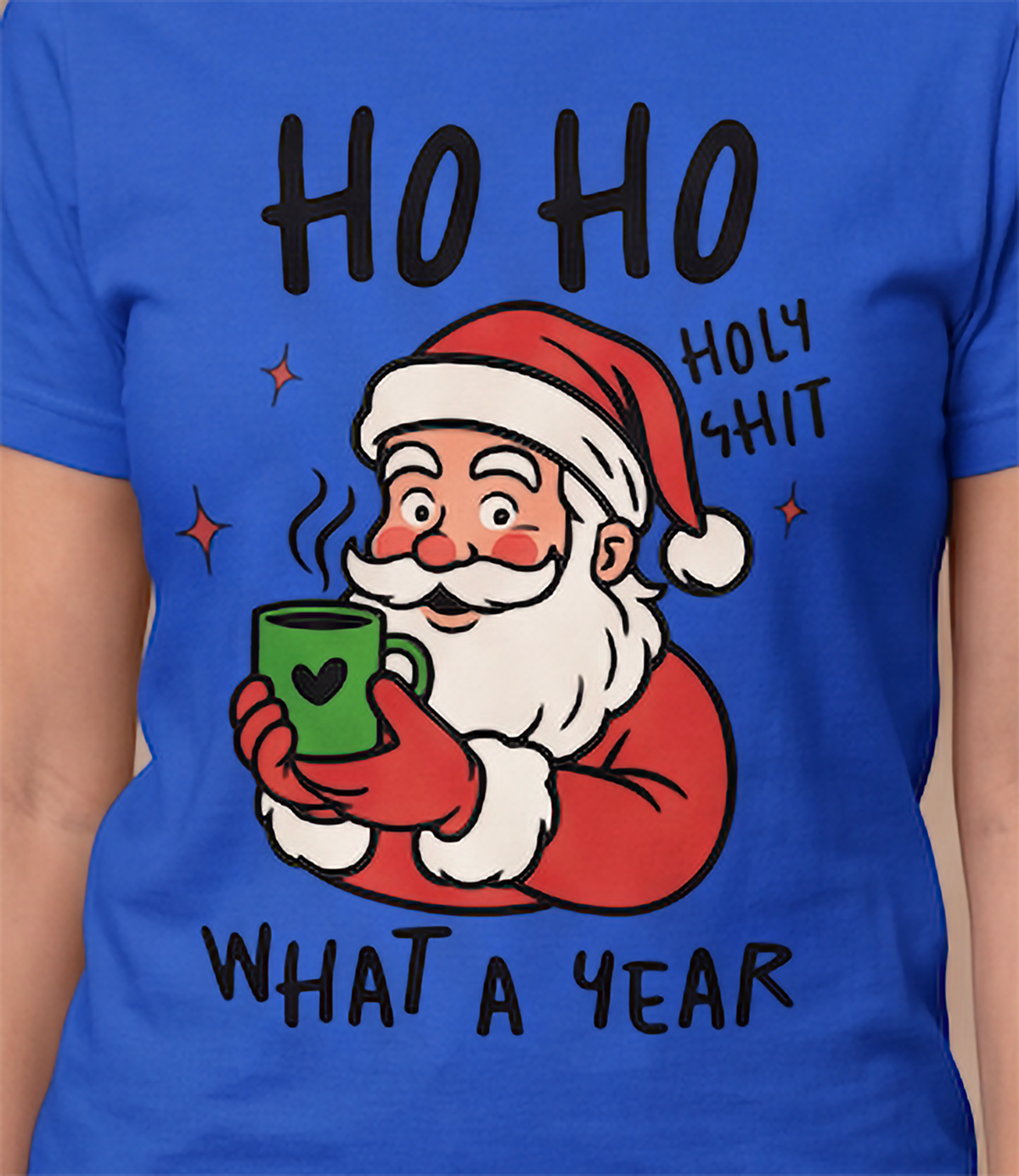 Close-up of Ho Ho Holy Shit What a Year Santa Christmas graphic printed on blue shirt.