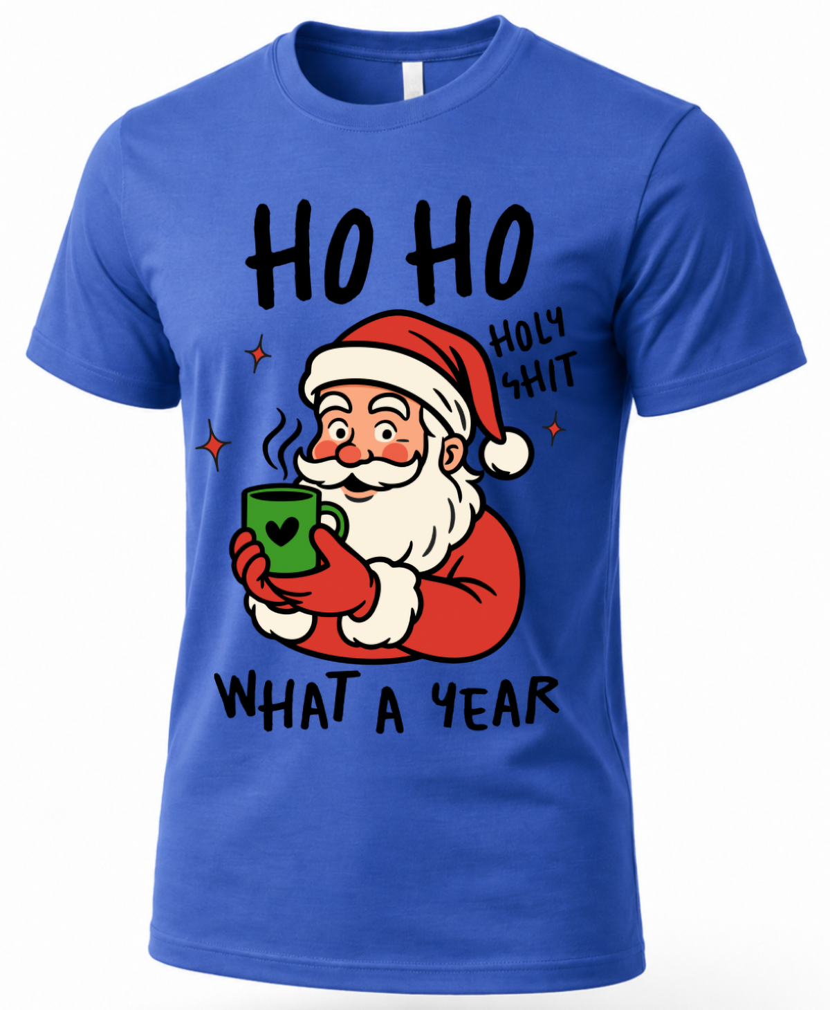 Blue Ho Ho Holy Shit Christmas shirt featuring funny Santa holding a green mug and sarcastic holiday saying.