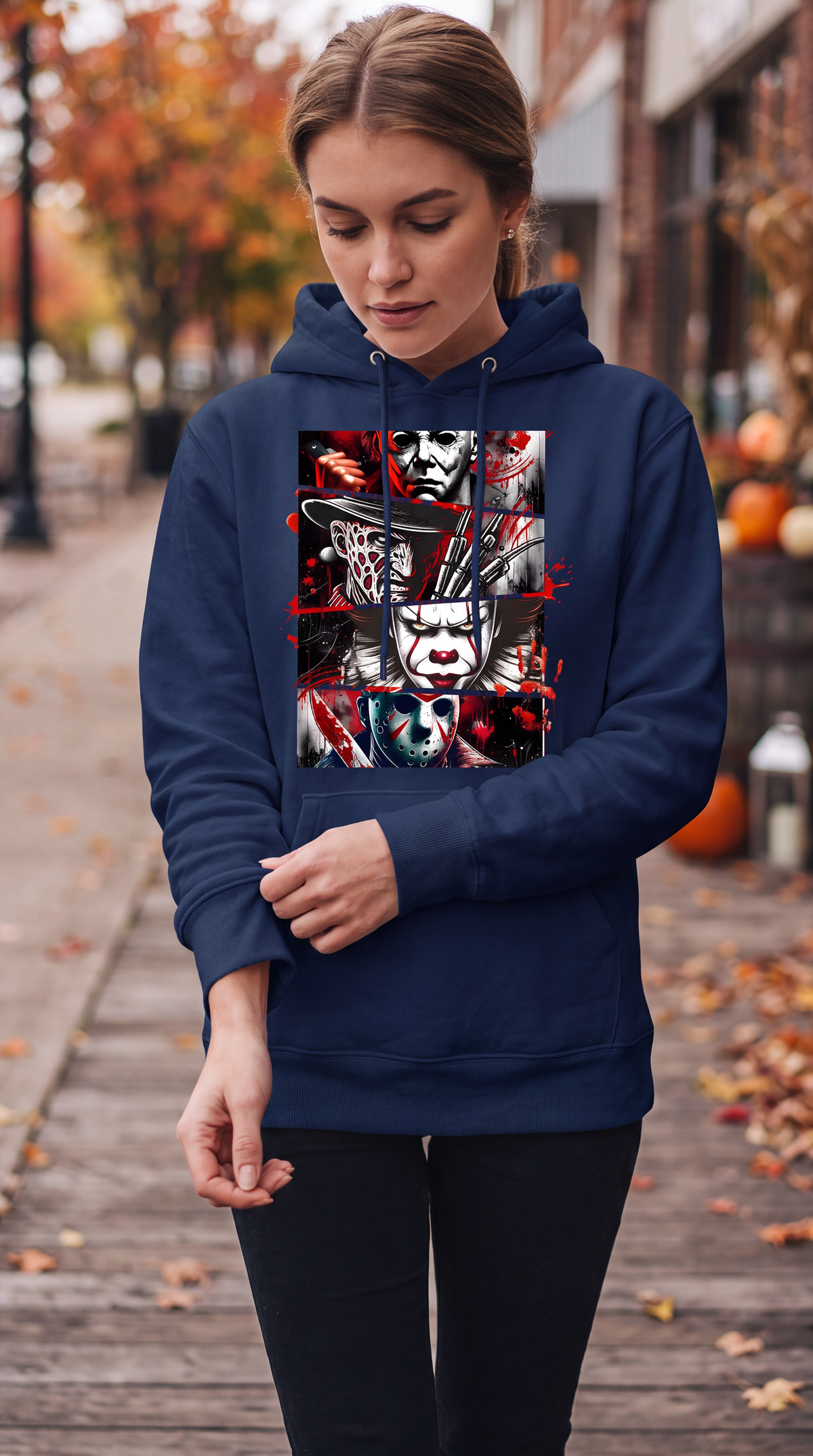 Woman wearing navy horror movie icons hoodie outdoors