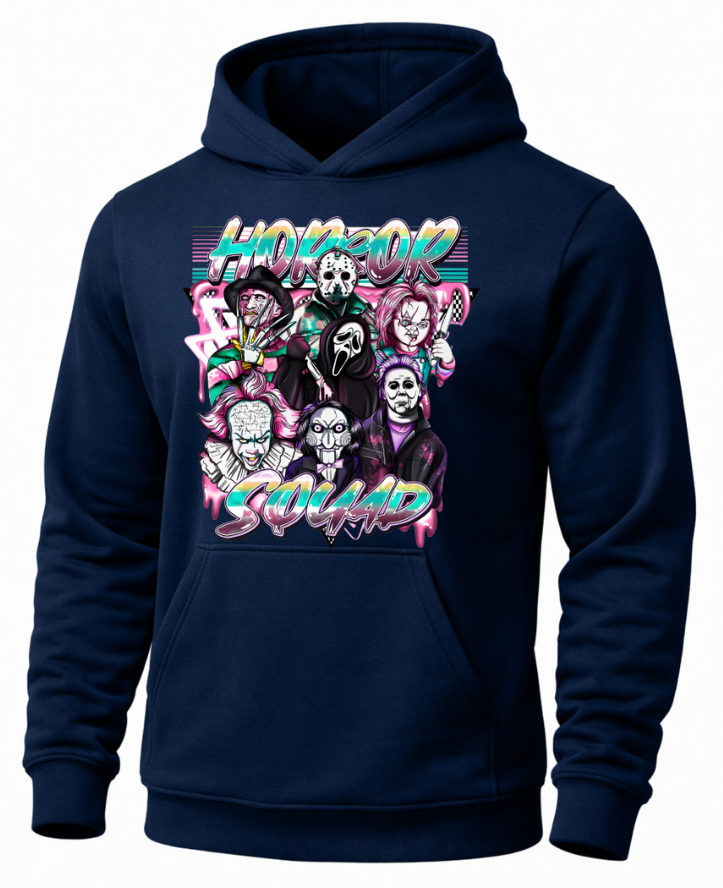 Navy Horror Squad hoodie with colorful retro horror character design