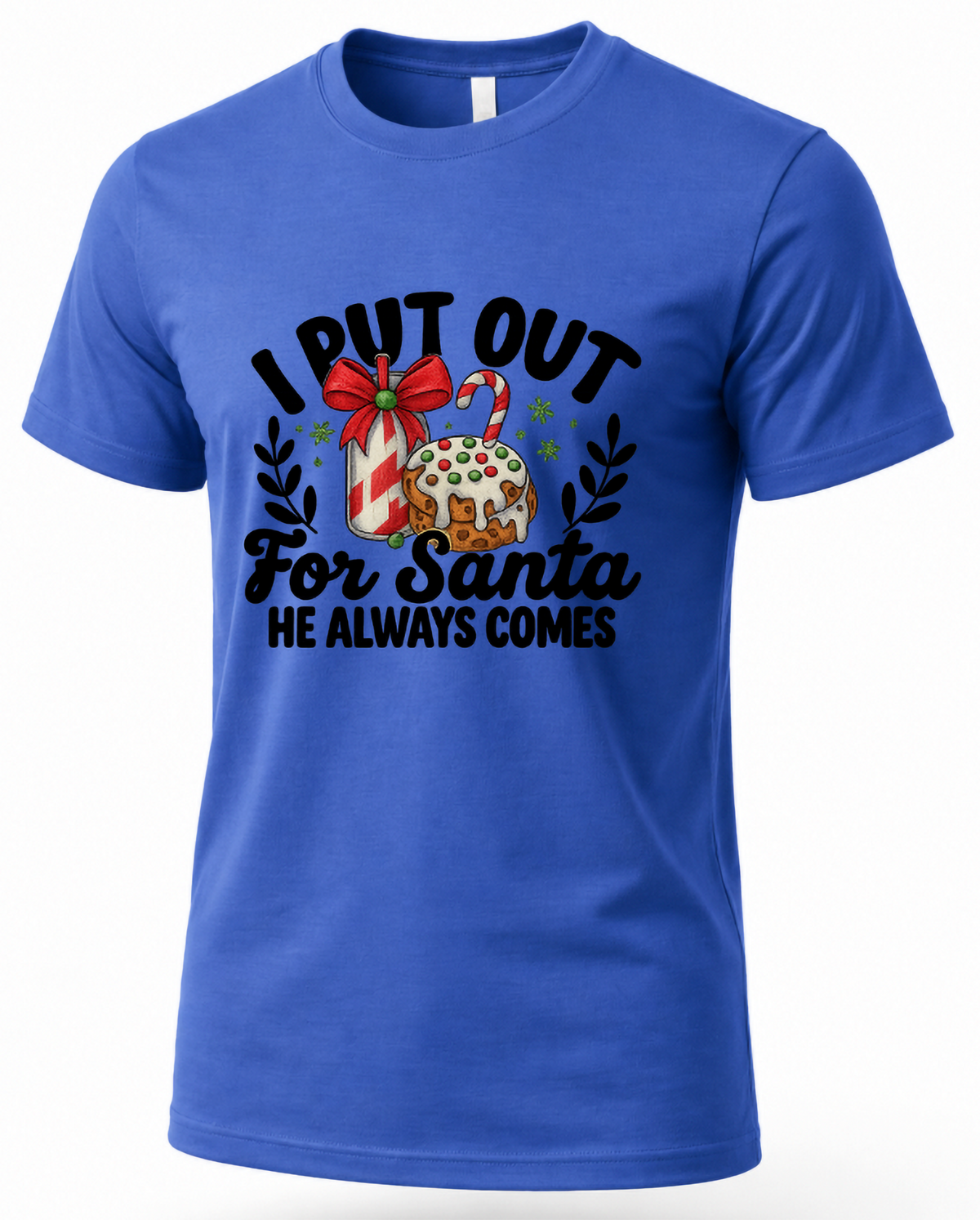 Blue I Put Out for Santa Christmas t-shirt with festive milk and cookies design