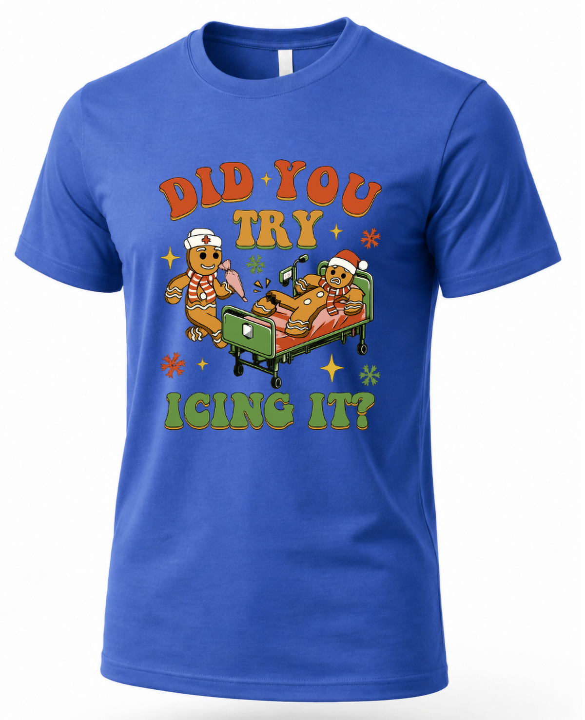 Blue Christmas nurse graphic t-shirt with colorful gingerbread Did You Try Icing It design.