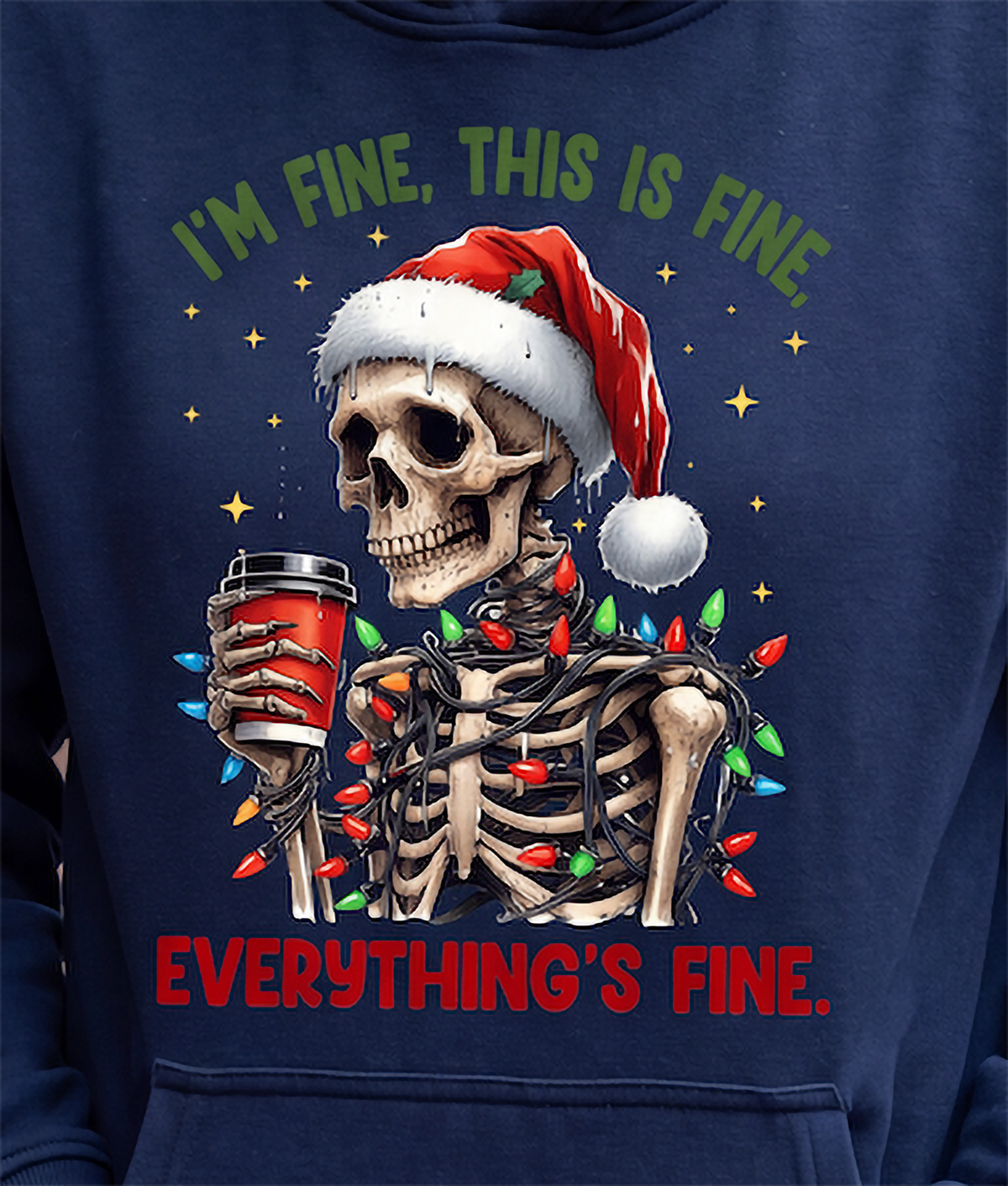 Close-up of navy blue I’m Fine Everything’s Fine Christmas hoodie design