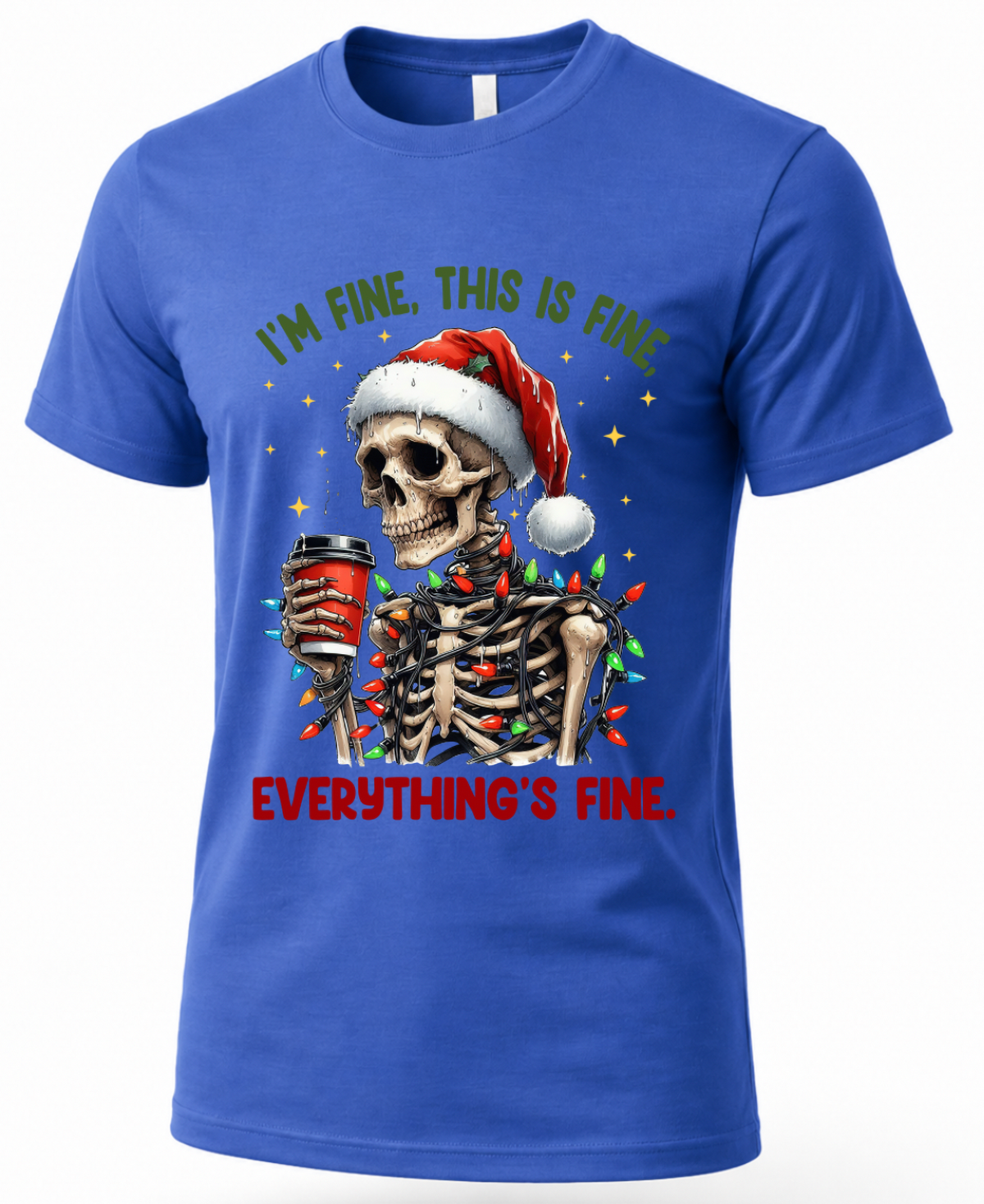 Blue Christmas graphic tee featuring skeleton in Santa hat wrapped in colorful Christmas lights.