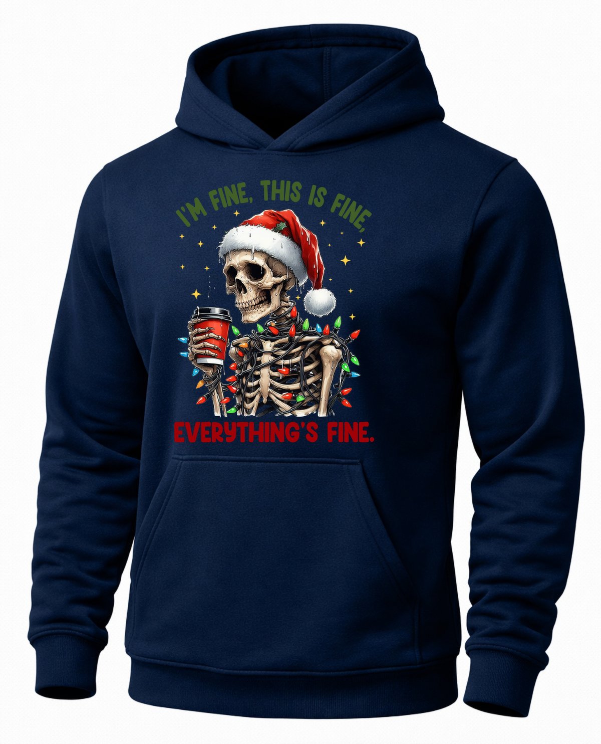 Navy blue Christmas skeleton hoodie with Santa skull, coffee and Christmas lights graphic