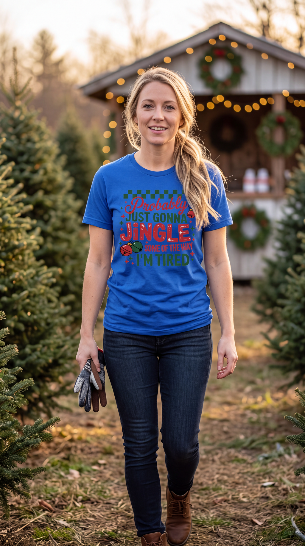 Woman wearing a blue Probably Just Gonna Jingle Some of the Way Christmas shirt outdoors