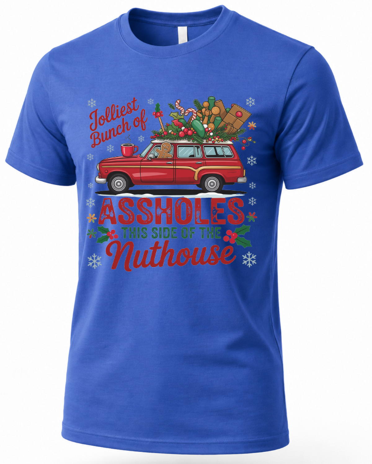 Blue Jolliest Bunch of Assholes Christmas shirt featuring red station wagon and festive holiday design.