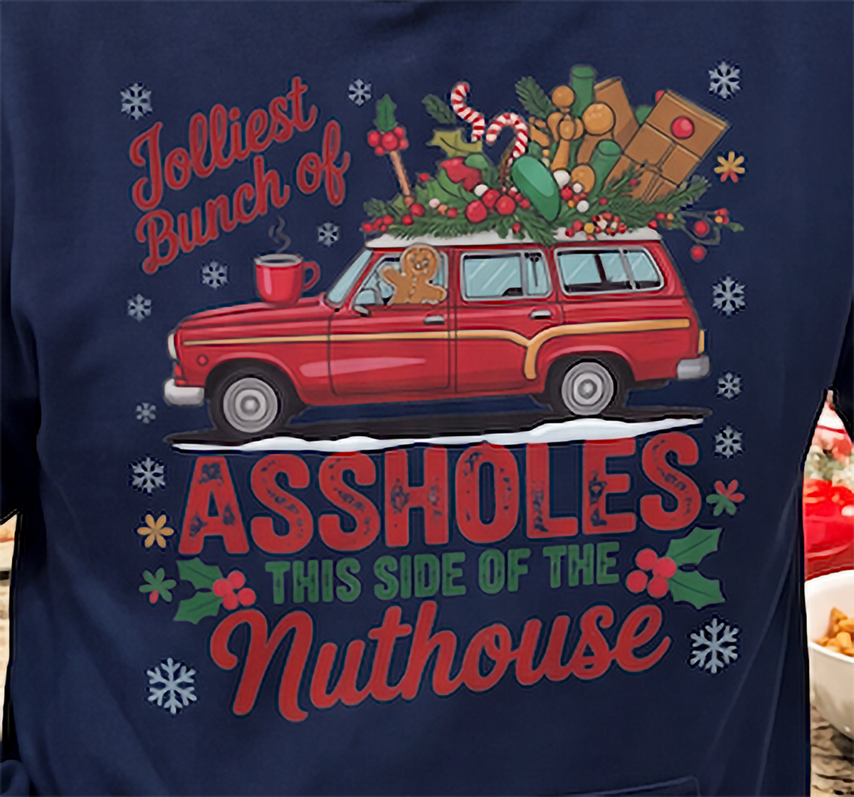 Close-up of navy blue funny Christmas hoodie with sarcastic family holiday design
