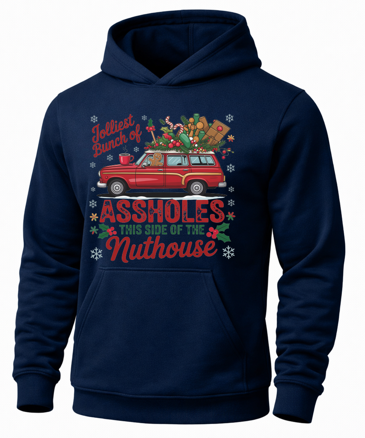 Navy blue Jolliest Bunch Christmas hoodie with retro holiday station wagon graphic