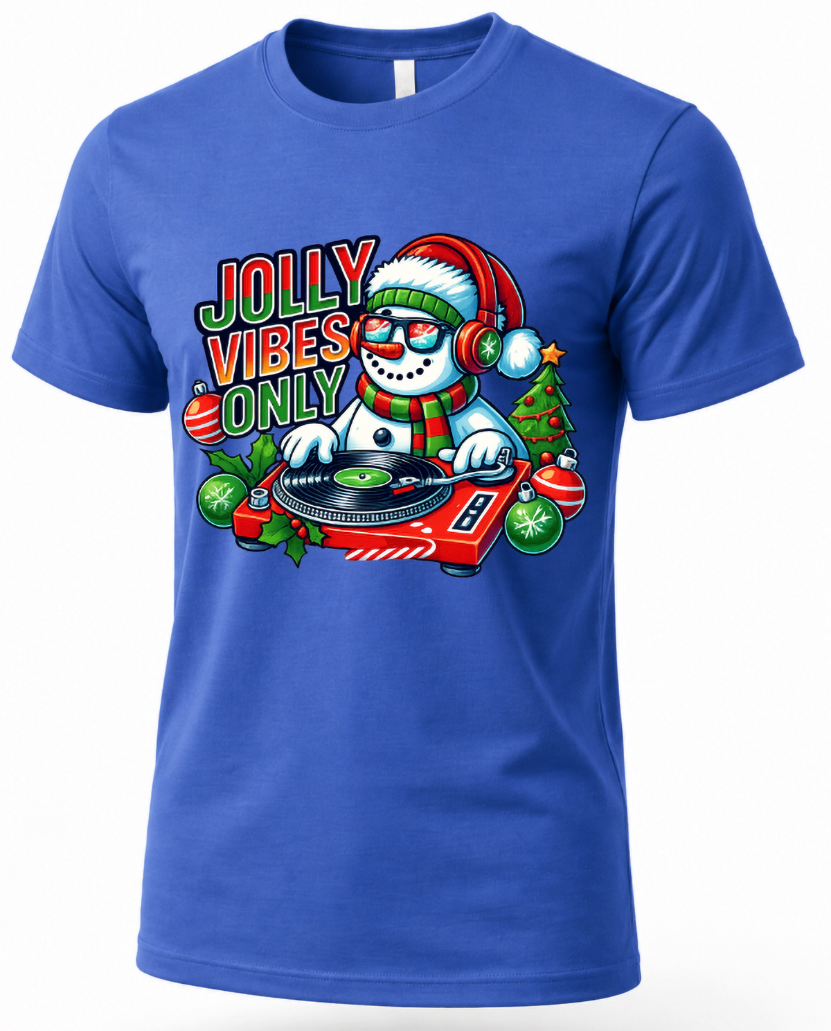 Blue Mockup: Blue unisex Christmas graphic t-shirt with colorful Jolly Vibes Only snowman DJ artwork.