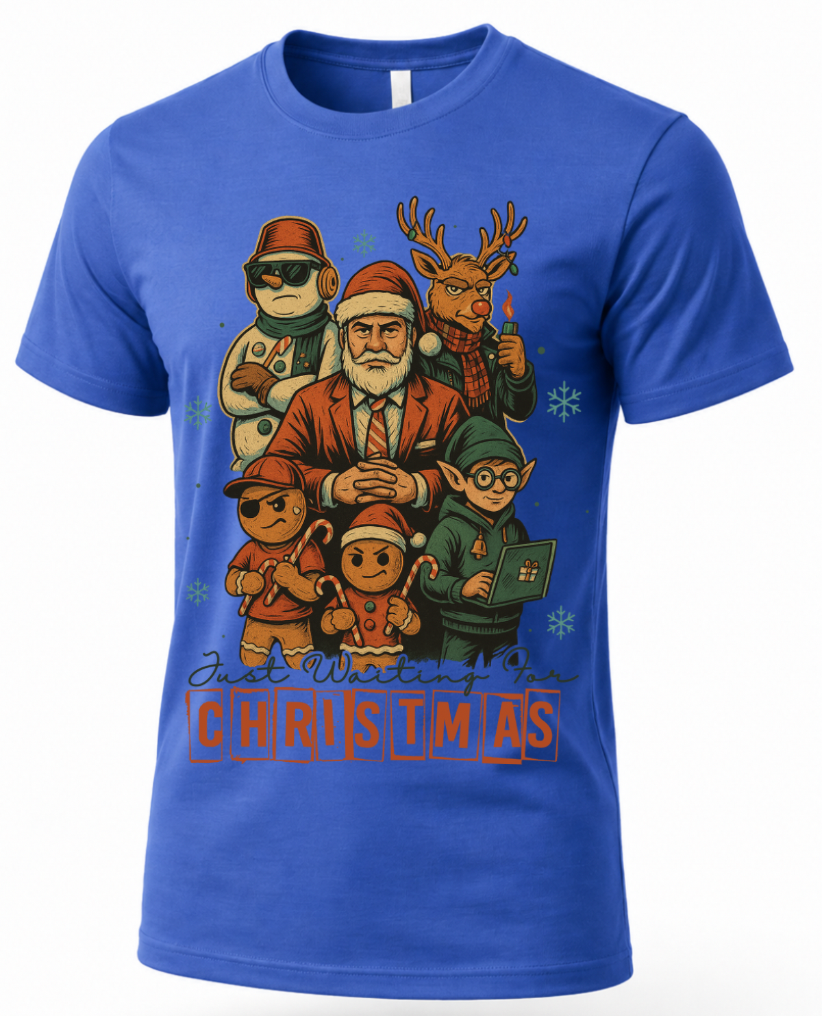 Royal blue Christmas graphic tee featuring a colorful festive holiday character crew design.