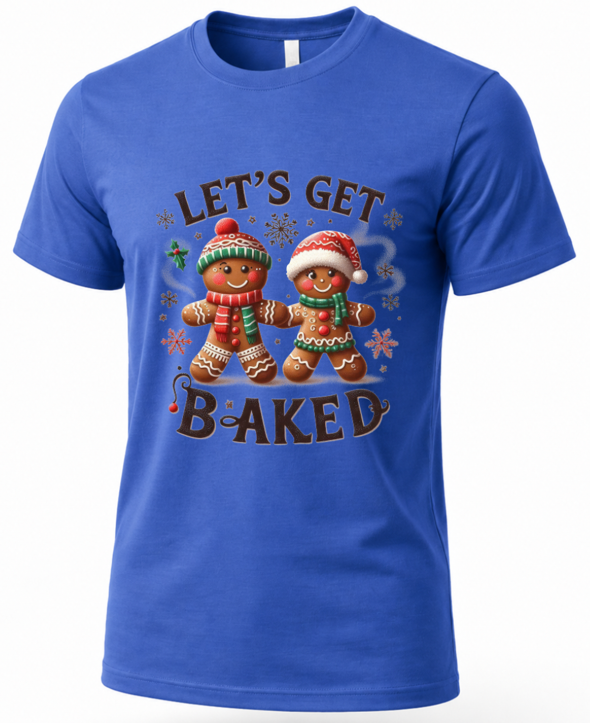 Blue Let’s Get Baked Christmas shirt featuring two gingerbread characters dressed for the holidays.