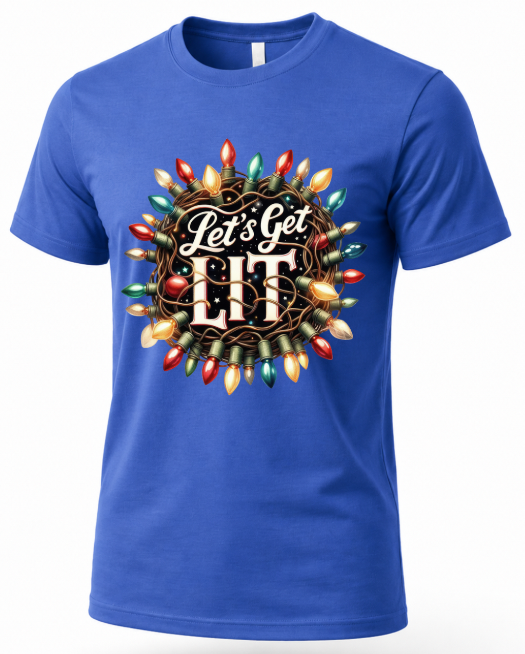 Blue Let’s Get Lit Christmas shirt featuring a colorful ring of vintage-style holiday lights