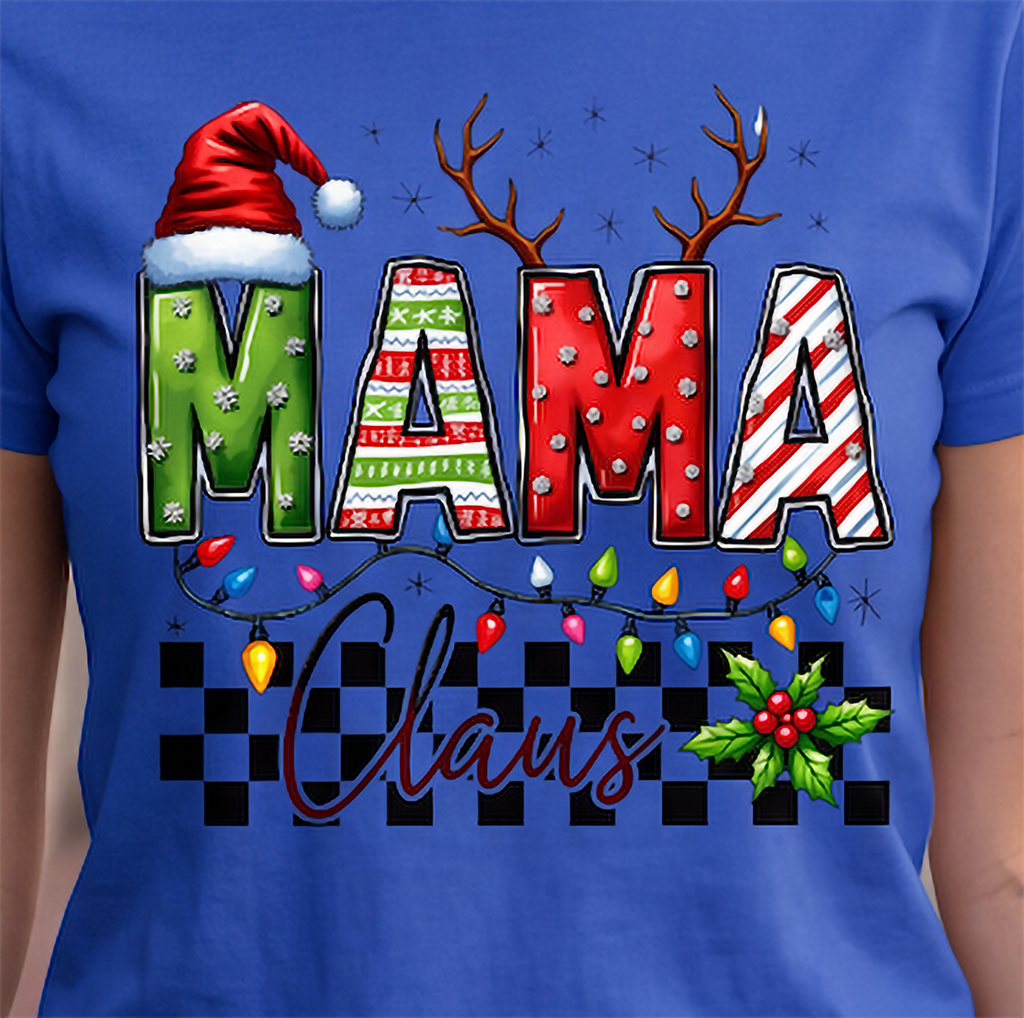 Close-up of blue Mama Claus Christmas graphic tee with Santa hat, reindeer antlers, Christmas lights and checkered design.