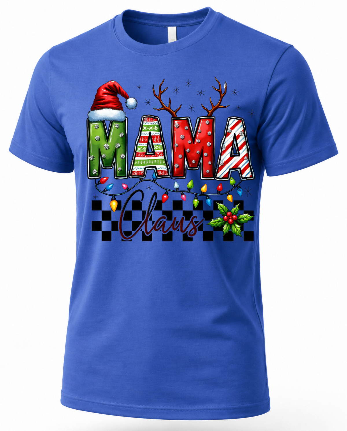 Blue Mama Claus Christmas shirt featuring colorful MAMA lettering and festive holiday artwork