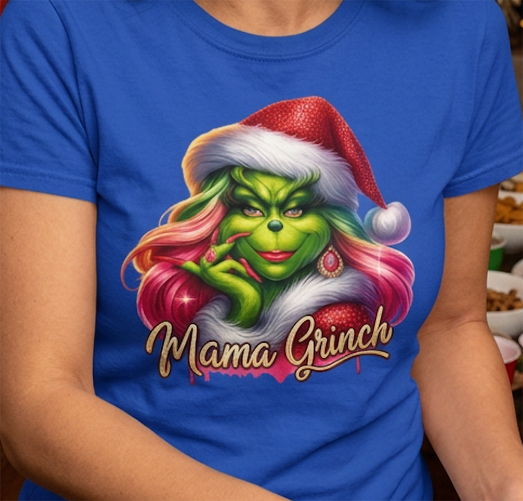 Close-up of blue Mama Grinch Christmas shirt showing colorful pink hairstyle, festive earrings and holiday graphic.