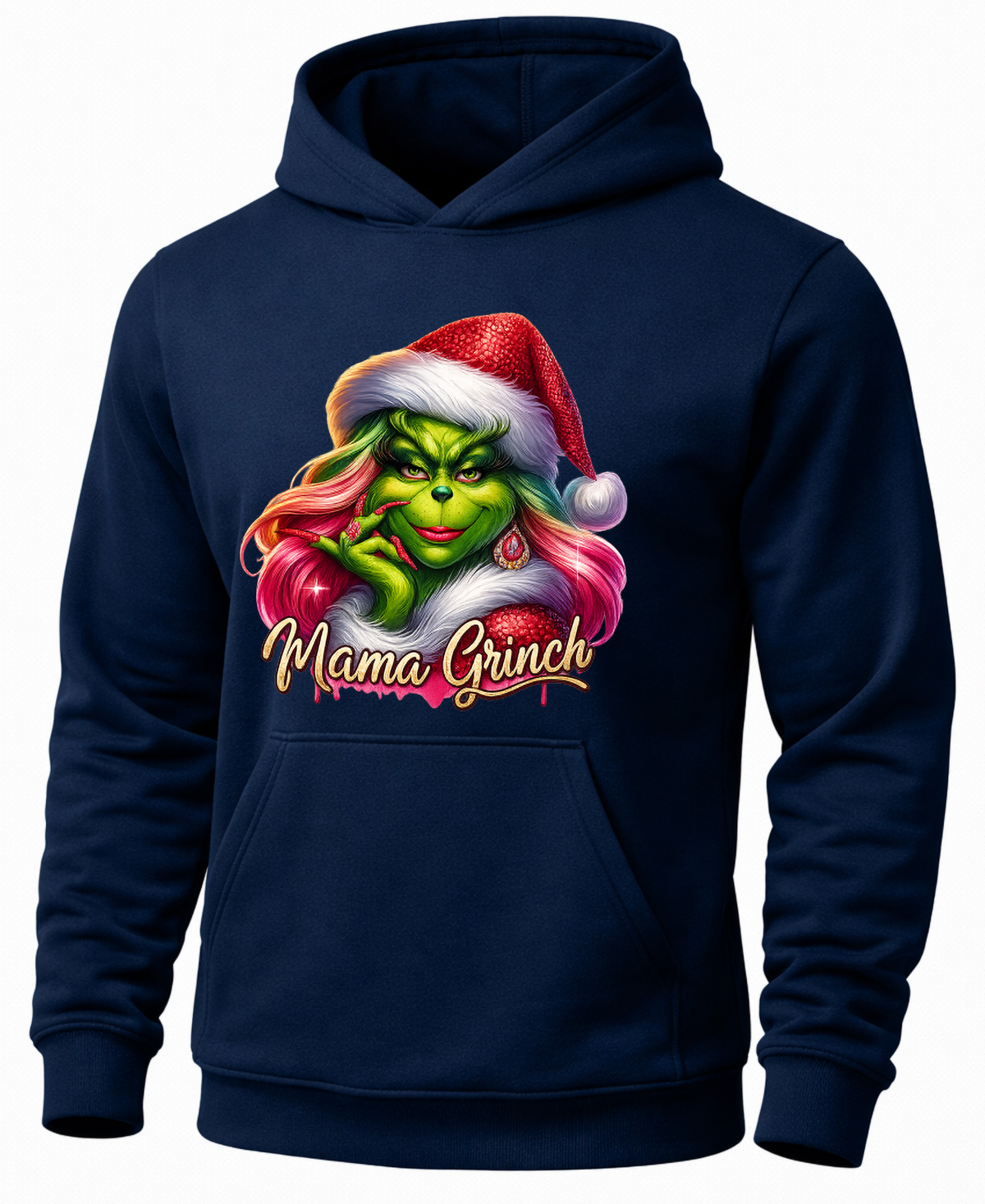 Navy blue Mama Grinch hoodie with funny Christmas design