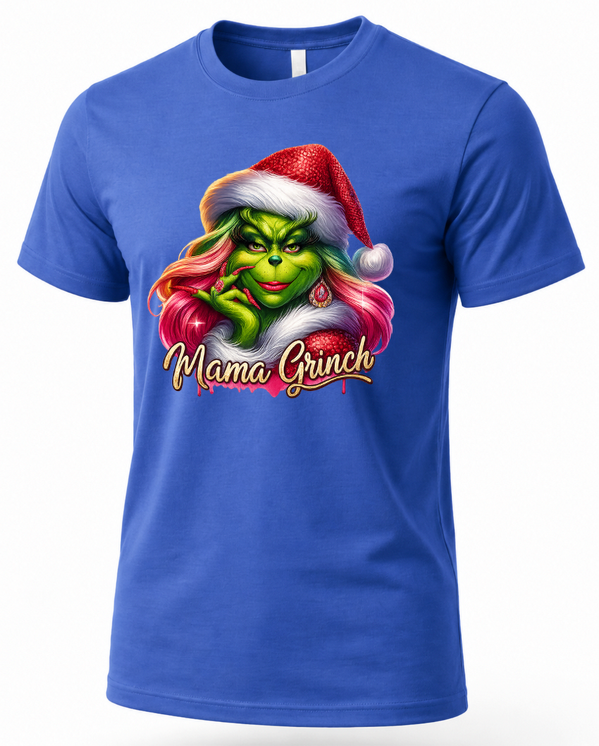 Blue Mama Grinch Christmas graphic t-shirt featuring glamorous green character with pink hair and Santa hat.