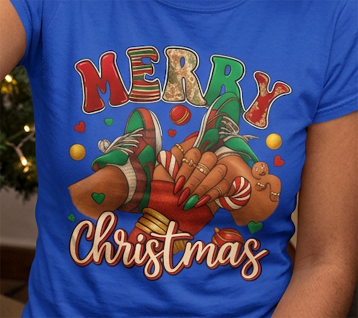 Blue Close-Up: Close-up of Merry Christmas sneaker graphic on blue fabric featuring red and green shoes, holiday nails, and festive decorations.