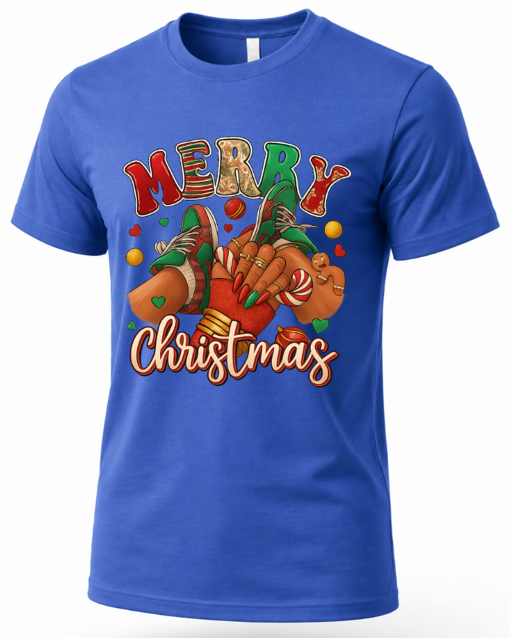 Blue Mockup: Blue unisex Merry Christmas graphic tee featuring colorful holiday lettering, festive sneakers, candy canes, and gingerbread accents.