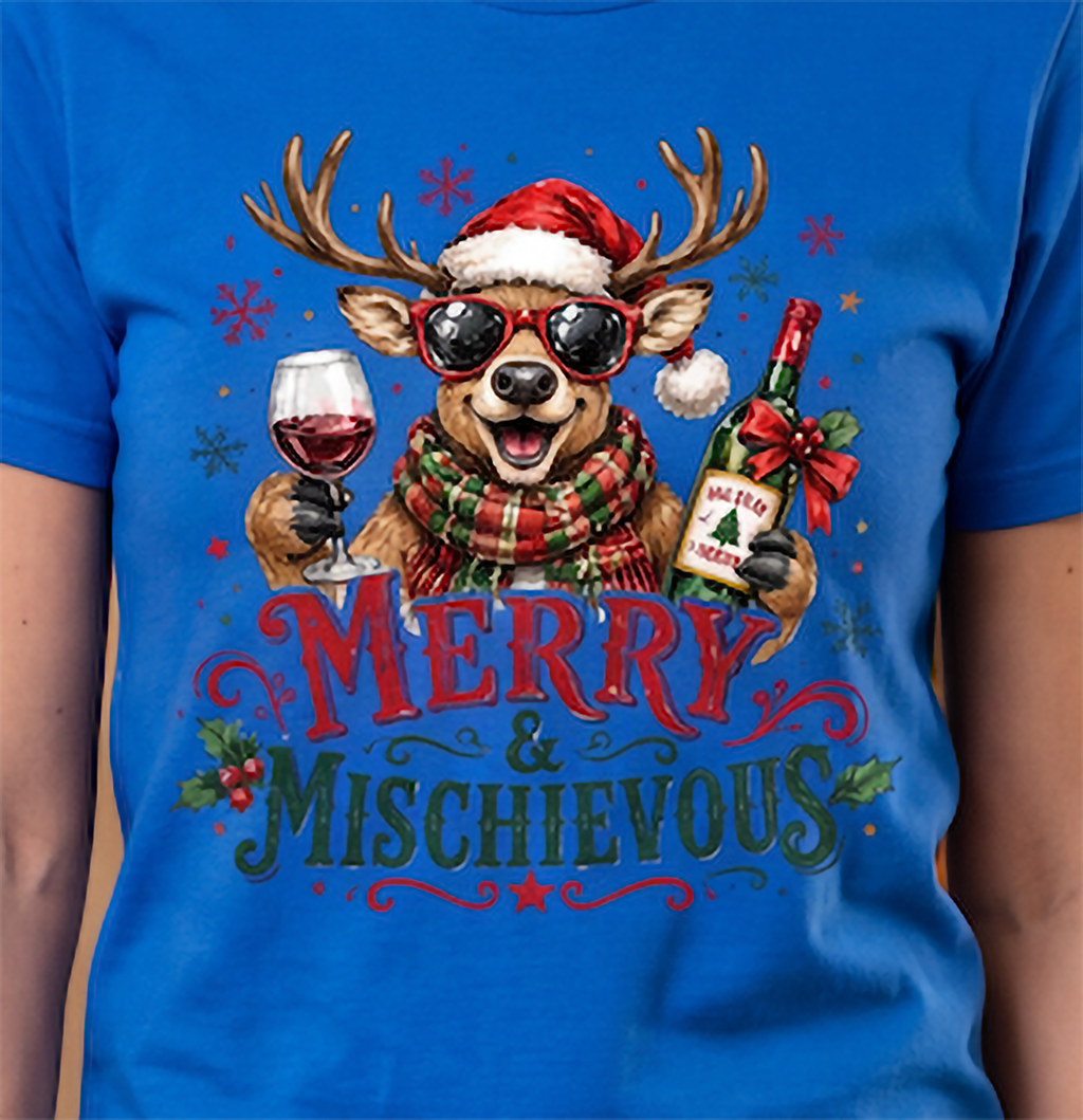 Close-up of royal blue Merry & Mischievous Christmas shirt with reindeer, Santa hat and wine design.