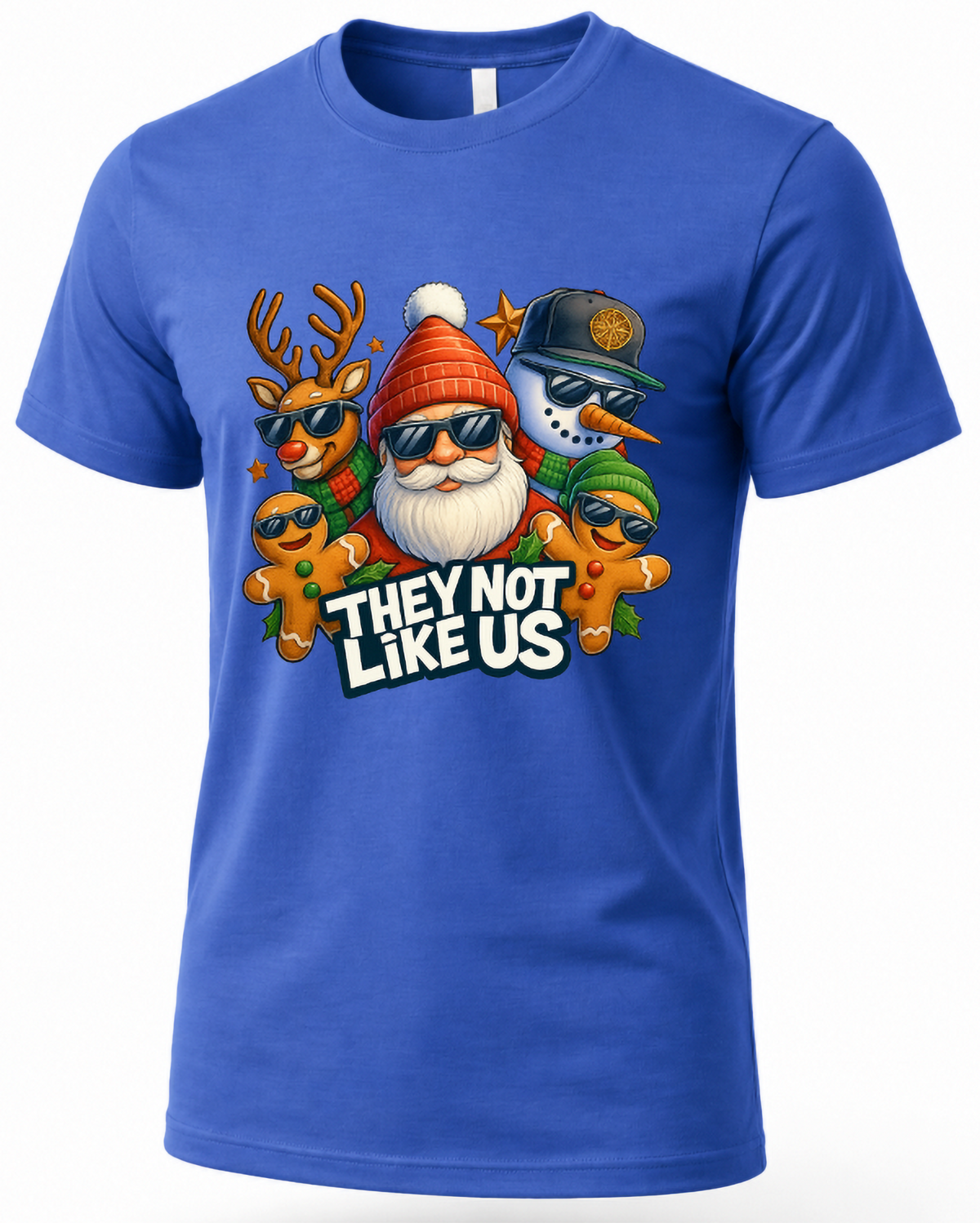 Blue Mockup: Blue unisex Christmas graphic t-shirt featuring the They Not Like Us holiday character design with Santa, reindeer, and snowman.