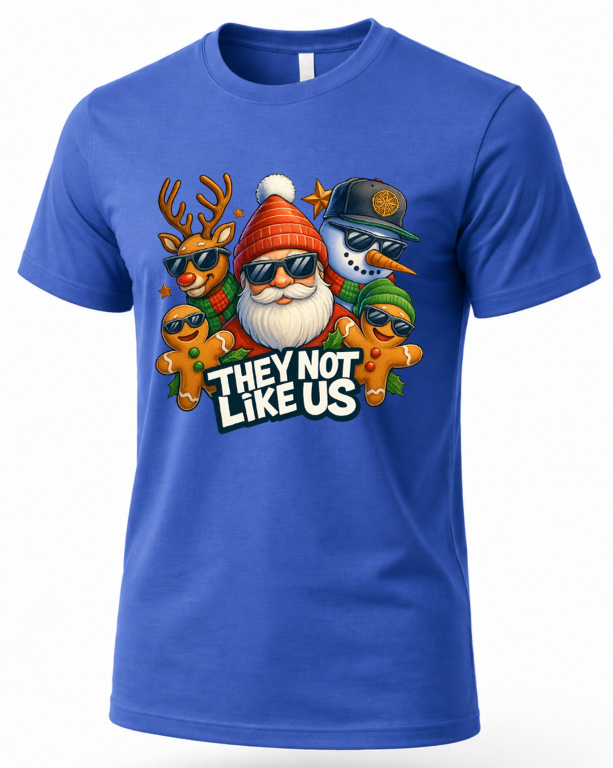 Blue unisex Christmas t-shirt featuring They Not Like Us graphic with Santa Claus, reindeer, snowman, and gingerbread characters.