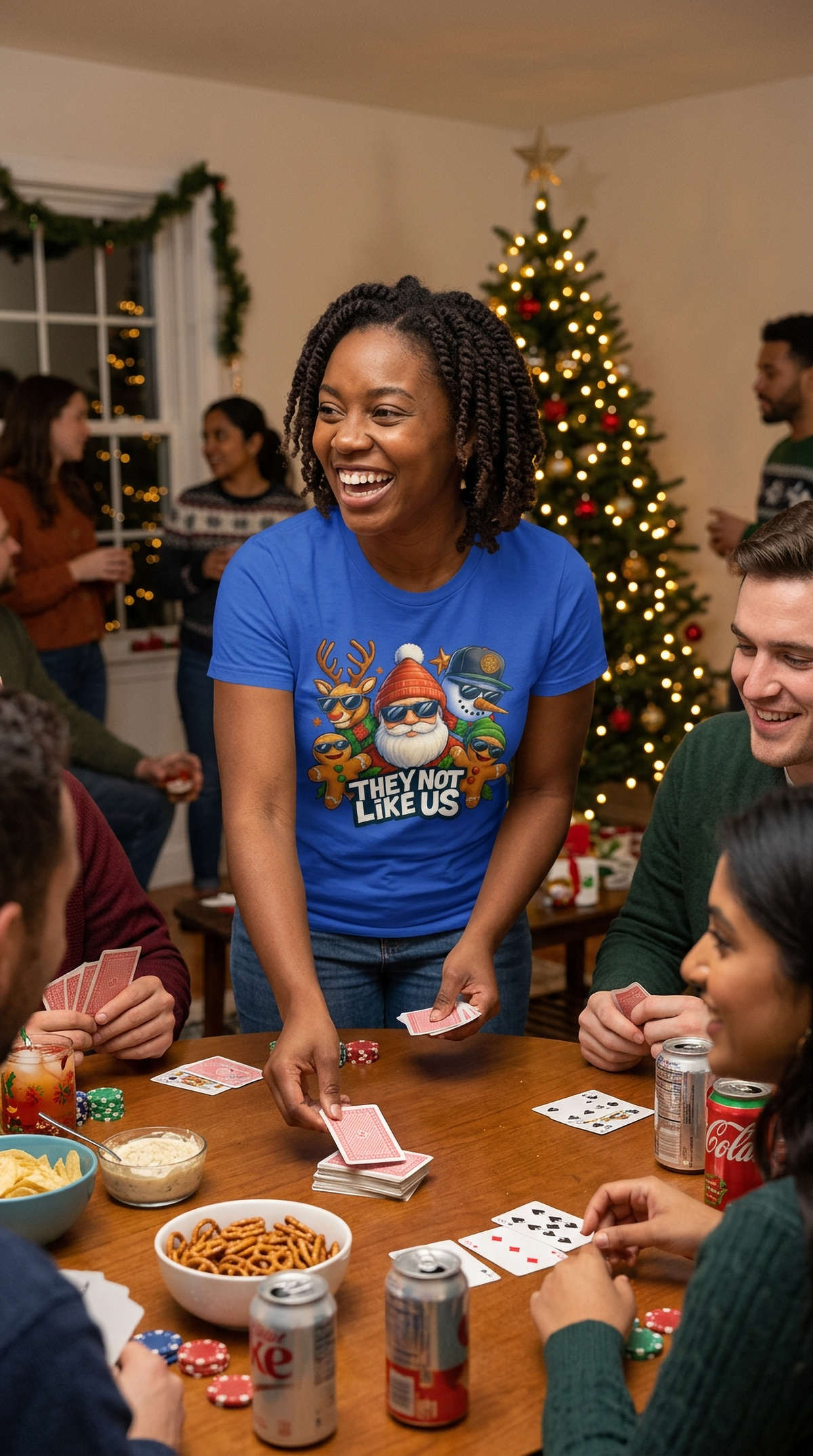 Blue Lifestyle: Woman wearing a blue They Not Like Us Christmas t-shirt with a colorful Santa and holiday crew design.