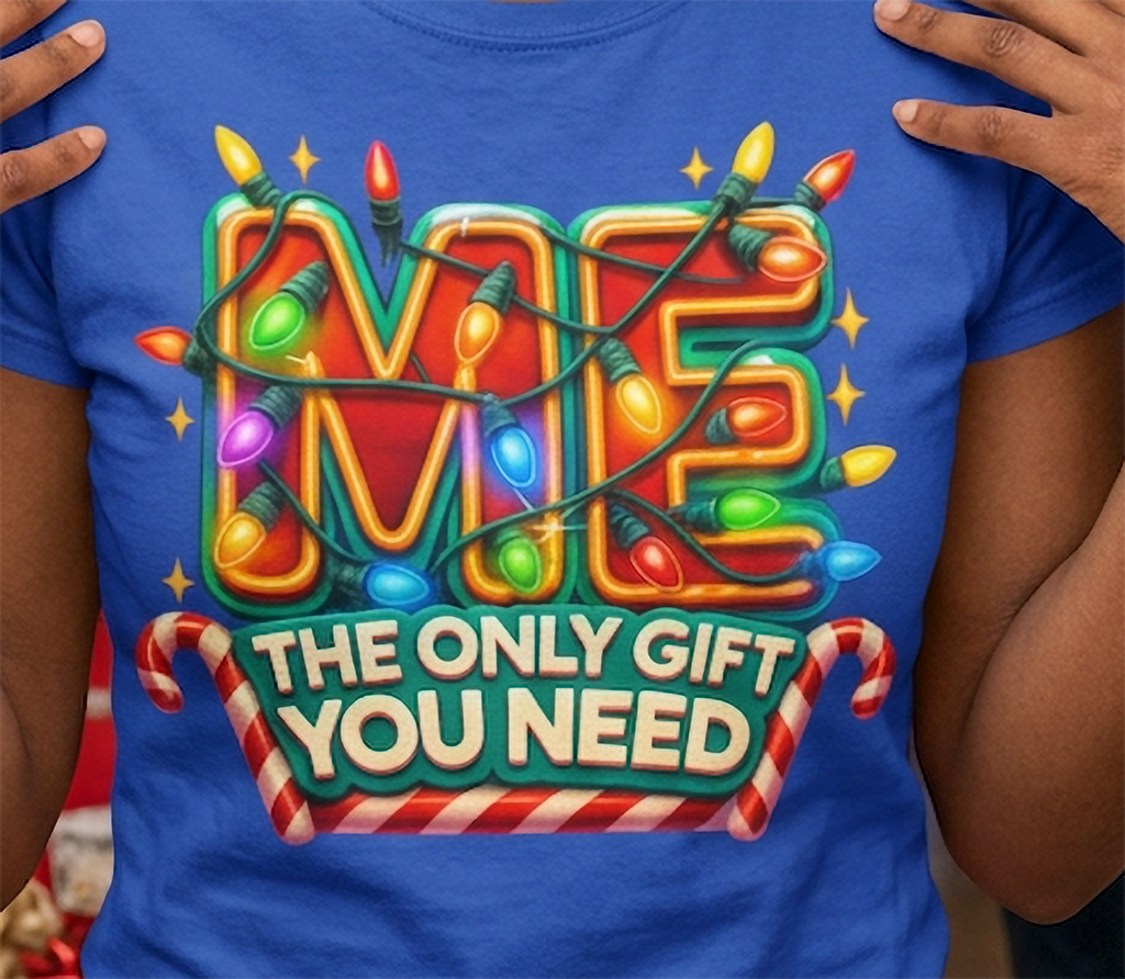 Blue Design Close-Up: Close-up of the colorful Christmas lights, candy canes, and bold holiday lettering printed on blue fabric.