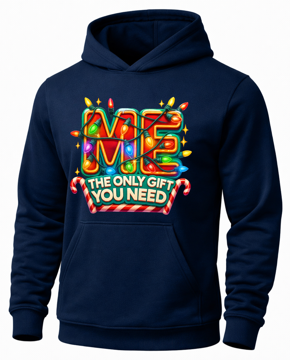 Navy blue Me The Only Gift You Need hoodie with colorful holiday lights design