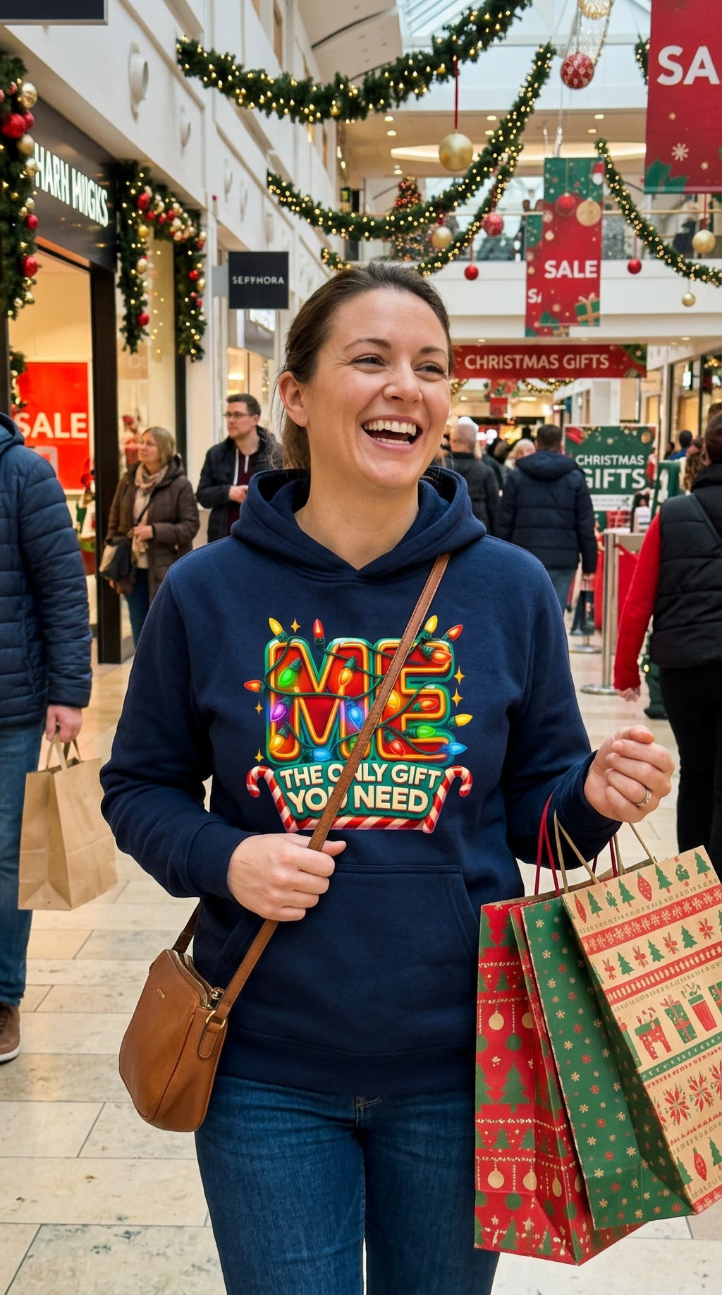 Woman wearing navy blue Me The Only Gift You Need hoodie for a festive Christmas outfit