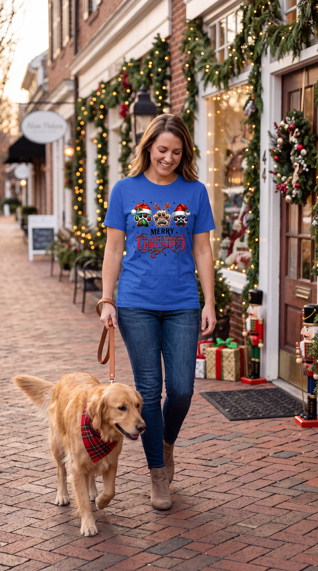 Woman wearing blue Merry Christmas dog paw print graphic T-shirt outdoors while walking with her dog.