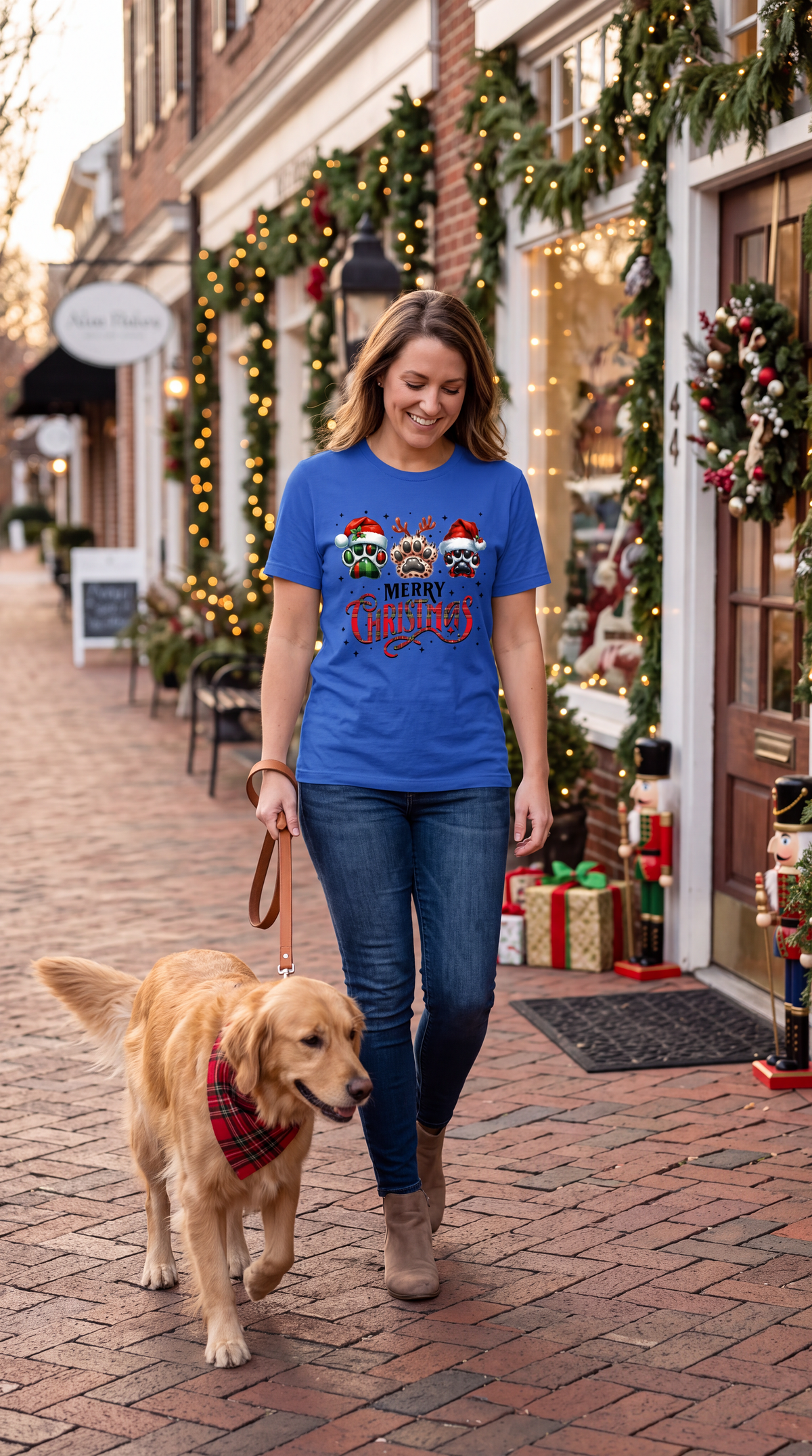 Woman wearing blue Merry Christmas dog paw print graphic T-shirt outdoors while walking with her dog.