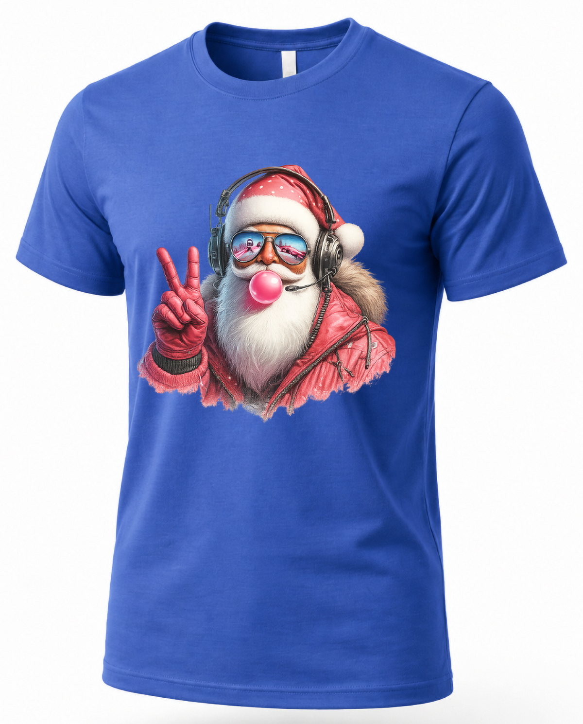 Blue Shirt Mockup: Blue unisex Christmas graphic t-shirt featuring a modern Santa Claus design with reflective sunglasses, headphones, a red Santa hat, and pink bubblegum.