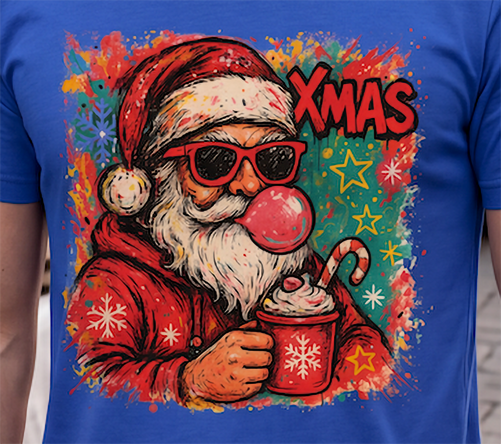 Close-up of colorful Retro Bubblegum Santa Christmas design on blue shirt.